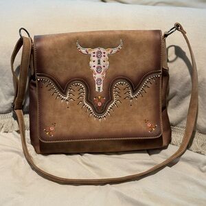 Catchfly Latte Tan Colorful Aztec Skull Floral Embroidered Crossbody Bag